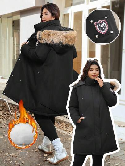 Vionelle Plus Size Long Sleeve Zipper Hooded Drawstring Slant Pocket Thick Padded With Fur Collar Parka, Winter/Autumn Winter Coat Women Long Jacket For Women Women Coats Outerwear Women Trench Coat Women