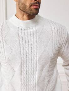 EASEVO Plus Size Men's Casual Solid Color Stand Collar Sweater, Autumn/Winter, Long Sleeve Top - White - View 4