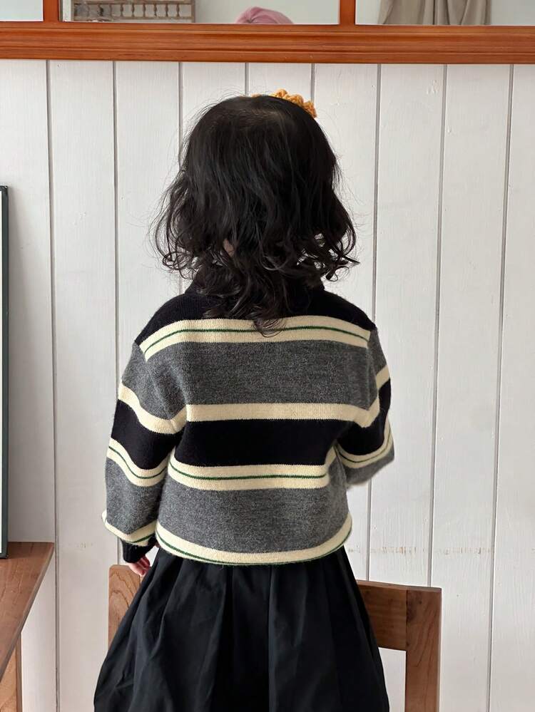 Toddler Girls' Regular Turndown Collar Striped Korean Style Casual Long Sleeve Sweater, Autumn/Winter