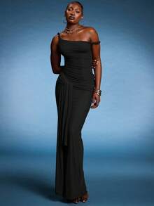 Normani Women's Simple Solid Asymmetrical Shoulder Bodycon Mini Dress, Summer Dress,Back To School Dress, , Black Maxi Dress Sheer Maxi Dress Mesh Maxi Dress Black Sheer Dress Bodycon Maxi Dress,Fall Wedding Guest Dress - Black - View 3