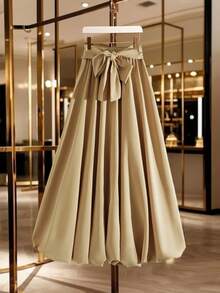 GlowEve 女士秋冬户外/办公室商务休闲连衣裙，金属扣领带蝴蝶结优雅通勤时尚精致郁金香裙 - 卡其色 - 查看 2