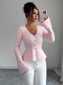 SHEIN PETITE Fashionable V-Neck Flare Sleeve Long Sleeve Women Sweater - Pink - View 3