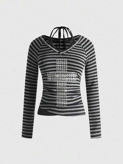 Grunge Punk Y2K Sexy Crop Top V-Neck Striped Contrast Color Halter Tie Cross Rivet Embellished Women Long Sleeve T-Shirt