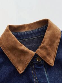 Maija Women's Plush Denim Coat, Contrasting Color Long-Sleeved Shirt, Casual Wear, Dark Blue Loose Denim Top, Thanksgiving