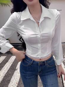DAZY 春秋款性感魚骨鏤空拼接學院風修身鏤空蕾絲飾邊拼接女式長袖優雅辦公上衣 - 白色 - 查看 7