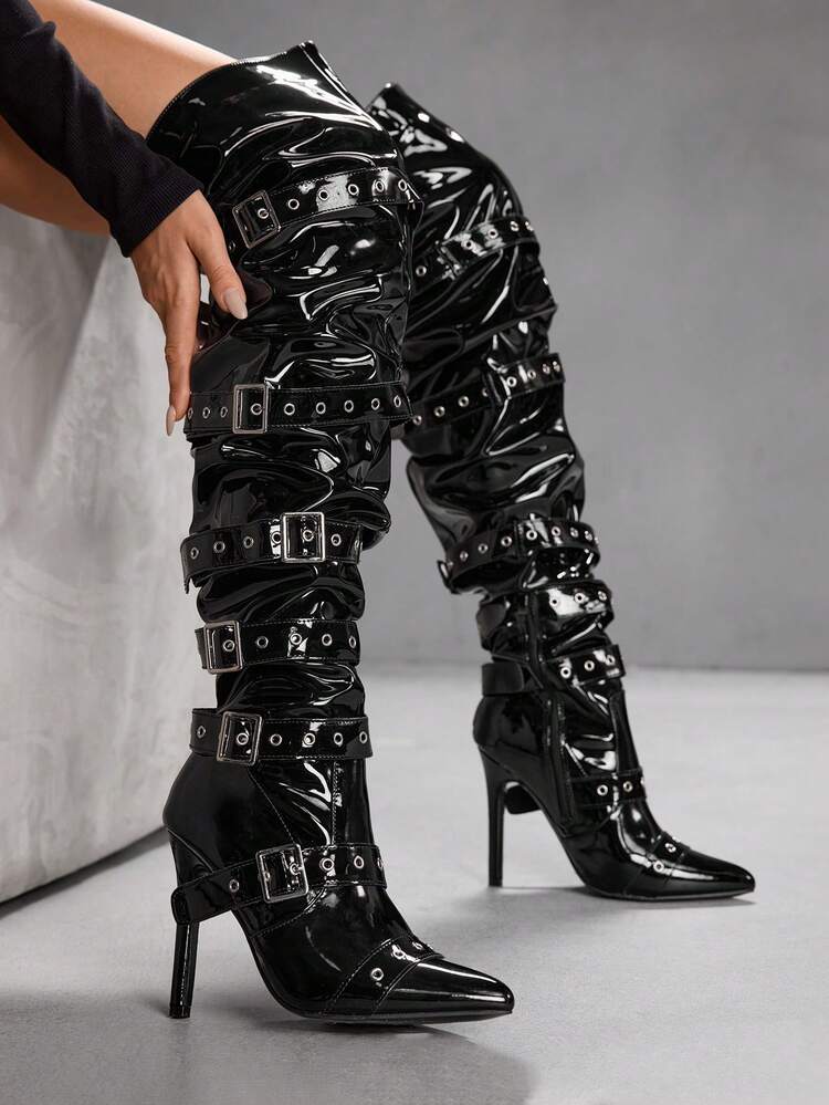 CUCCOO SZL Women's Sexy Black PU Leather Over-The-Knee Boots With Buckle, Side Zipper, Pleated Design, Suitable For Party, Pole Dancing, Dance, Autumn/Winter For Christmas Spring Shoes