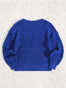 EURMUSE Petite Size Casual Rib Knit Crew Neck Women Sweater - Blue - View 2