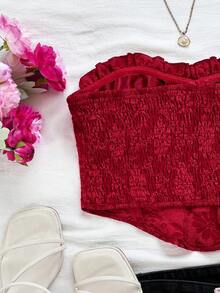 Soleia Damen Urlaub rotes sexy gerafftes strukturiertes Stoff Bandeau Volant Bodycon Top, für Party, Date Night, Valentinstag, Nachmittagstee