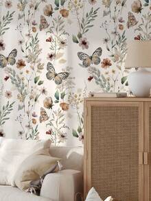 蜂蜜绽放蝴蝶花朵自粘墙纸草地景观撕下粘贴墙纸，野花草地墙纸，可移除墙纸，客厅、卧室、墙壁、家具翻新墙纸墙贴房间装饰墙贴 - 彩色 - 查看 2
