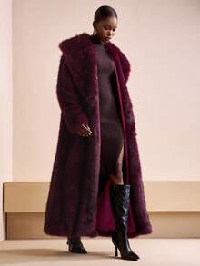 Zivah 2025秋冬新款蓬松长款优雅女士仿皮草派克大衣，渐变色，长款皮草大衣 - 酒紅色 - 查看 6