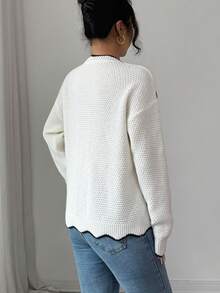 SHEIN Elenzya Chaqueta de punto de mujer con cuello en V estilo retro francés, bordado 3D negro + dobladillo ondulado de contraste de ajuste ceñido de un solo botonadura