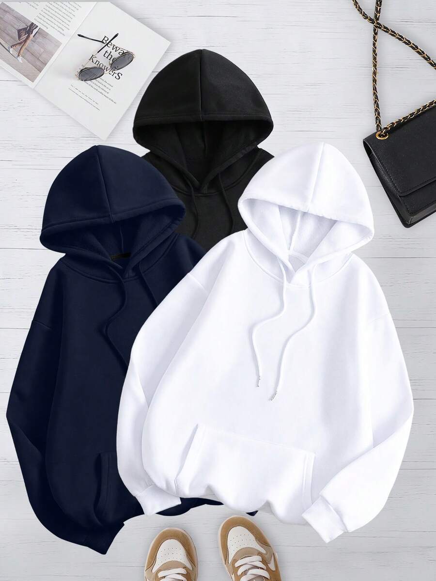 INAWLY Bộ 3 áo hoodie chui đầu màu trơn dành cho nữ, áo nỉ dài tay đa năng thường ngày dành cho bé gái, thích hợp mặc hàng ngày, đồ thể thao, chụp ảnh, hẹn hò, thu/đông, họa tiết hoa, thời trang, thanh lịch, - Nhiều màu - Xem 1