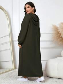 Modelyn Plus Size Drawstring Hooded Long Sleeve Casual Plain Modest Arabian Clothing Plus Size Winter Dress - Army Green - View 2