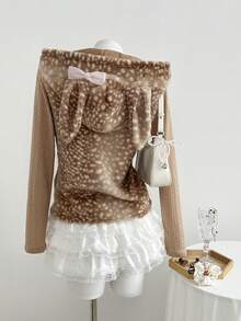 Elamini 1 pieza Chaqueta casual de mujer con decoración de flores, ciervos y lazos, forro de piel sintética, cierre con cremallera, adecuada para Navidad, fiesta de Año Nuevo, multicolor, otoño/invierno - Multicolor - Ver 2