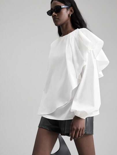 Ontre Women's Comfortable Crepe Fabric Round Neck Raglan Sleeve Cuff With Elastic, Asymmetric Ruffled Hem Design, Modern Urban Casual Business Office Wear, Low-Key Vintage Vibe, High-Quality Airport Fashion Women Shirt Christmas Evening Clothes New Year Atmosphere Holiday Party Women's Clothing Modern Urban Casual Fashion Business Casual Women's Office Wear Low-Key Old Money Style Effortless Temperament High-End Urban Commuting High-Quality Airport Women's Wear High-End Material Lantern Sleeve Blouse