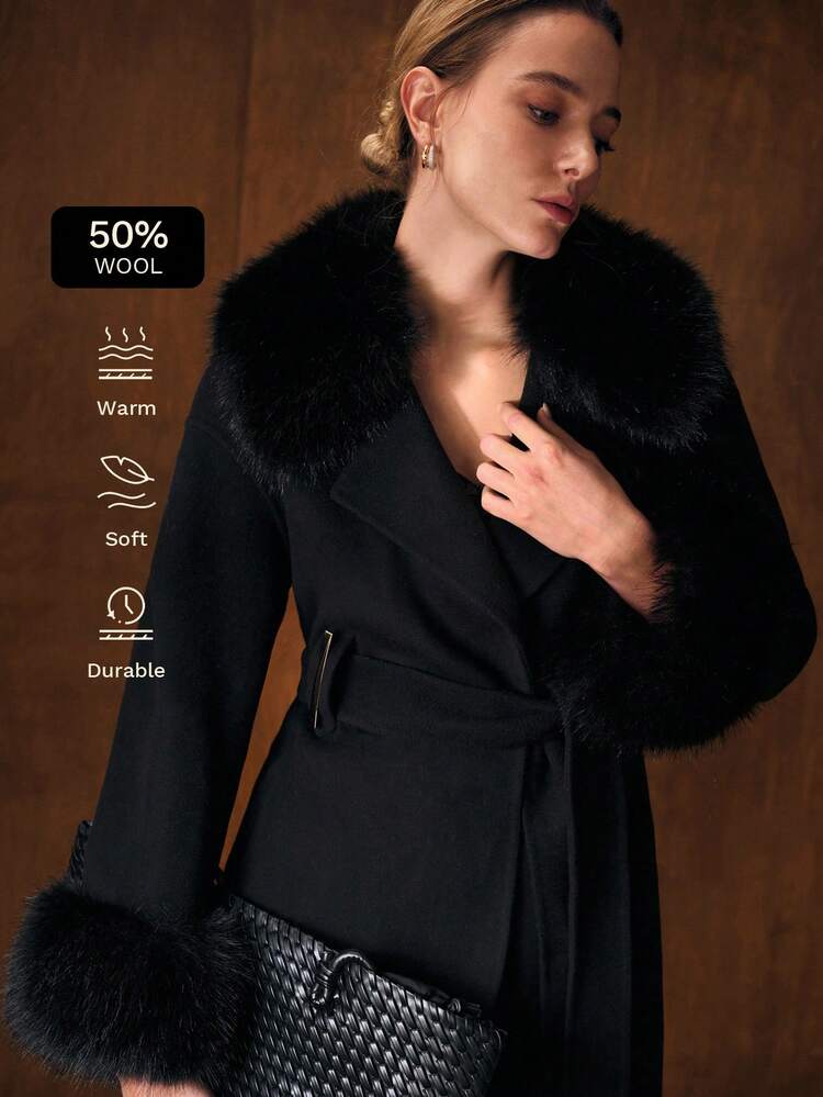 WOOL CONTRAST FAUX FUR BELTED OVERCOAT