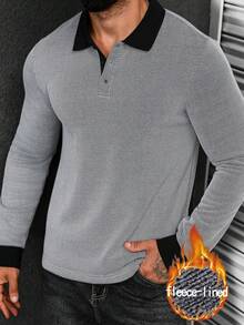 Manfinity CasualCool 男士保暖内衬撞色领休闲长袖 Polo 衫，男士毛衣上衣，男士针织衫，男士长袖 Polo 衫，男士纽扣针织 Polo 衫，灰色上衣，适合日常休闲、周末旅行、户外活动、探险旅行、轻松的工作环境或半正式场合，也是送给男友/丈夫、周年纪念日或圣诞节的理想礼物。 - 黑色 - 查看 1