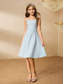 青少年女孩优雅简约优雅时尚无袖高腰短款纯色银线面料闪亮女孩连衣裙，青少年女孩表演服 - 藍色 - 查看 3