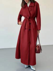 Aloruh Women's Solid Color Raglan Sleeve Belted Casual Jacket, Autumn/Winter - Red - View 4