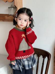 DAZY Sweater Lengan Panjang Leher Bulat Motif Blok Warna untuk Balita Perempuan, Tema Natal, Musim Gugur/Musim Dingin, Tahun Baru - Merah - View 4