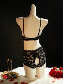 SpicyHot 2pcs Lace Pearl Hollow Underwire Extremely Sexy Open Crotch Bow Lingerie Set For Women - Black - View 8