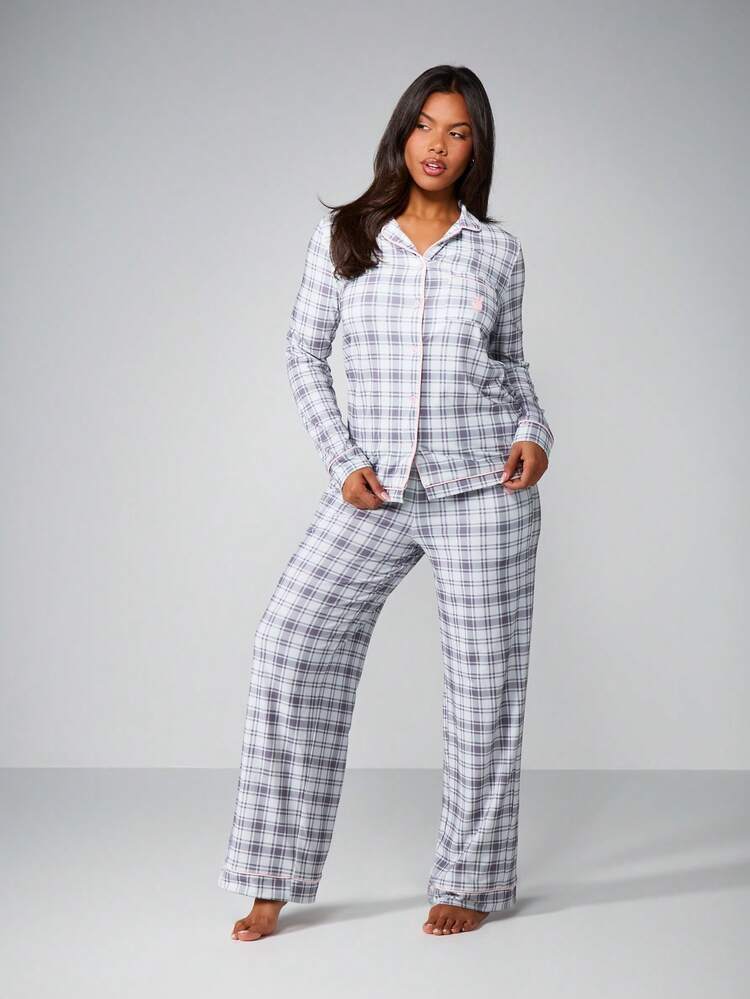 Missguided x Playboy Christmas Plaid Pajama Set With Button Front