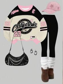 Slaydiva Bộ 2 áo nỉ cổ tròn rộng rãi và quần legging bó - màu đen - Xem 6