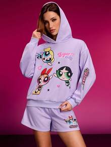 THE POWERPUFF GIRLS X SHEIN Women Casual Blossom, Bubbles, Buttercup Pattern Hoodie And Shorts 2 Pieces Set, Autumn Hoodies Y2k - Mauve Purple - View 6