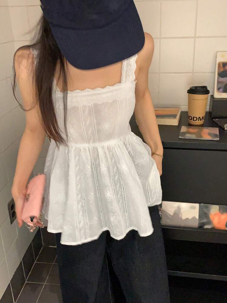 Women's Summer Textured Floral Embroidery All-Over Print Loose Casual Camisole Shirt Vacation Babydoll Top