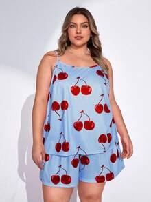 SHEIN CURVE+ Extra Large Women's Cherry Printed Pajama Set, Daily, Suitable For Valentine's Daybeach Outfits For Woman/Beach Dress/Beach Vacation Outfits/Beach Essentials / Graduation/Tea Party Dress - Baby Blue - View 4