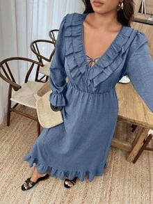 Weeklong Plus Size Women Solid Color Ruffle Collar Front Tie Long Sleeve Elegant Dress - Blue - View 3