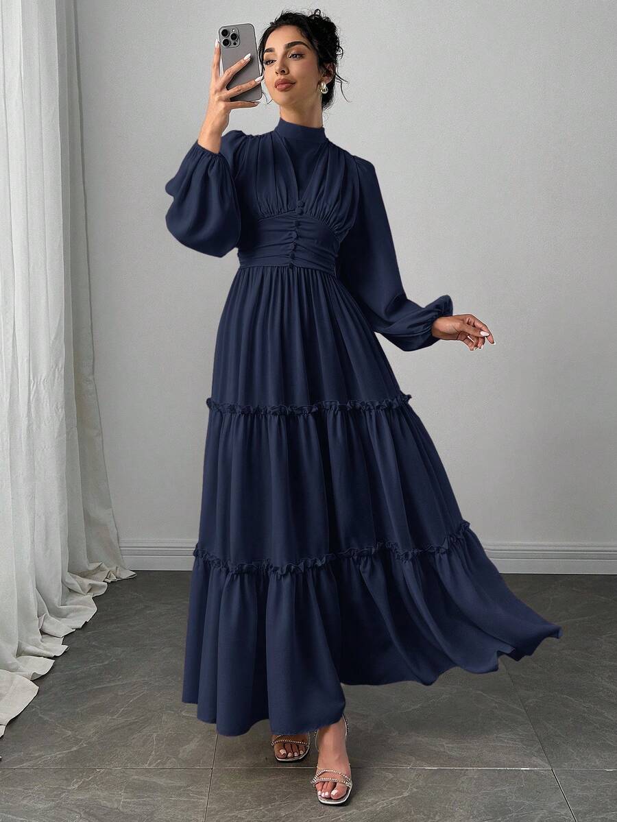 Veilorie Women's Elegant Commuter Solid Color Lantern Sleeve Dress - Royal Blue - View 1