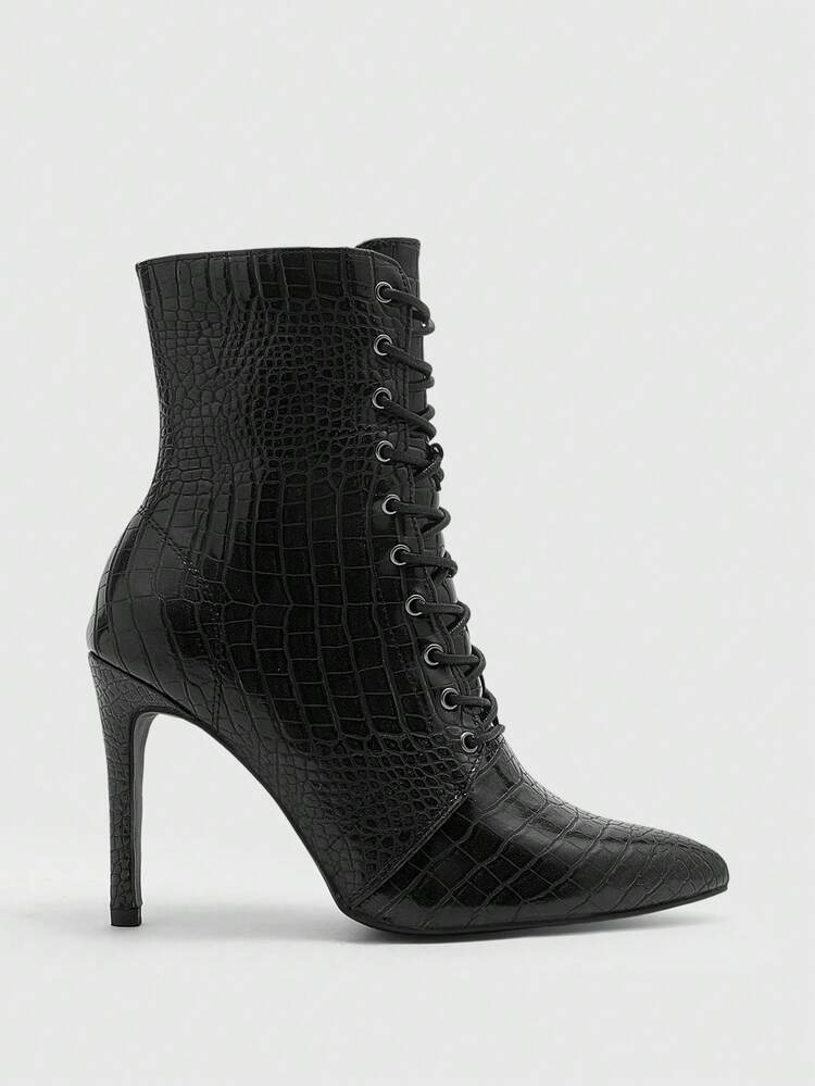 CUCCOO BIZCHIC 高品質 ブラックヘビ柄 ミッドカーフブーツ、尖った つま先 スリムヒール エレガントな レディースブーツ、ファッショナブルで多用途な新デザイン ロングブーツ、女性らしい魅力とエレガンスを演出