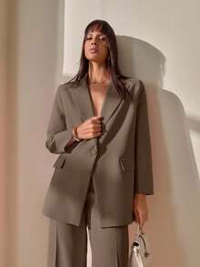 CLARA VERO Blazer With Single Button Closure And Flap Pockets, Paired With Matching High-Waist Trousers, Elegant Two Pieces Suit Set - Brown - View 6