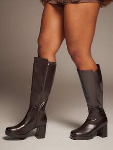 SHUZIA Women's Wide-Calf Glamorous Comfortable Square Toe Oil PU Platform Knee-High Boots With Inner Zipper For Christmas - Brown - View 4