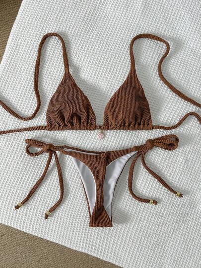 Swim Mod Women's Jacquard Fabric Halter Metal Decor Sexy Bikini Set, Summer