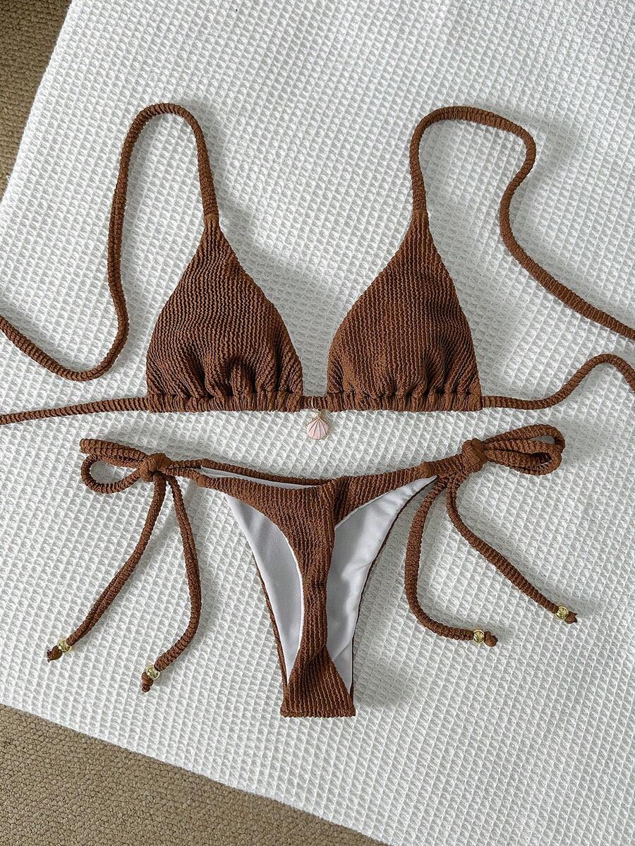 Swim Mod 女士提花面料吊带金属装饰性感比基尼套装,夏季 - 棕色 - 查看 1