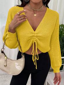 SHEIN Unity Sweater Pullover Wanita Kasual Warna Polos Leher V Lipit Bahu Jatuh - Kuning - View 5