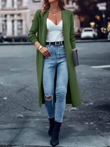 SHEIN LUNE 女式纯色简约长袖超长开衫，适合日常穿着和度假穿着 - 綠色 - 查看 4