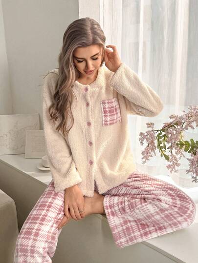 SHEIN 女士舒适纽扣上衣和格子印花长裤蓬松睡衣套装，冬季蓬松睡衣套装，女士针织蓬松睡衣套装，舒适蓬松睡衣套装，女士冬季家居服