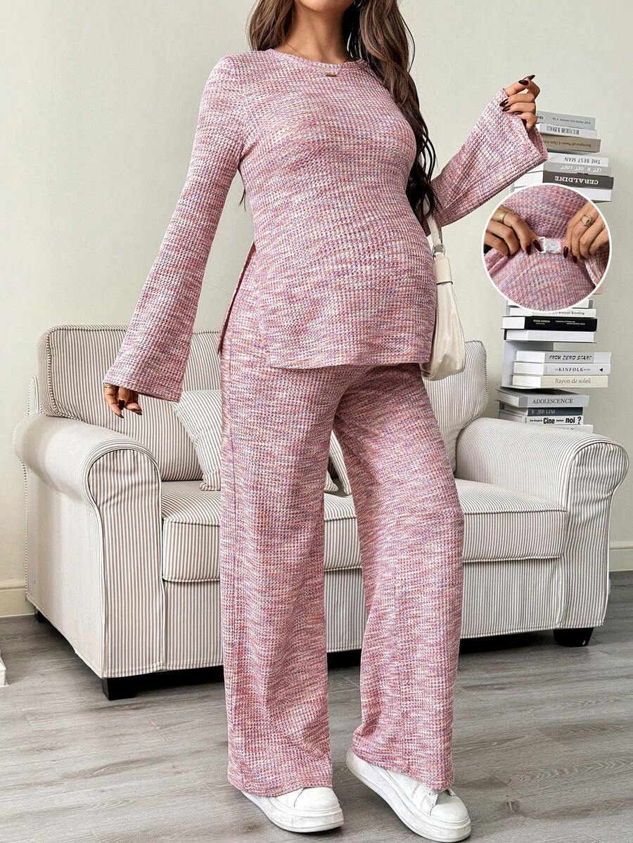 SHEIN 2件套孕妇休闲长袖上衣和裤子套装 - 粉色 - 查看 1