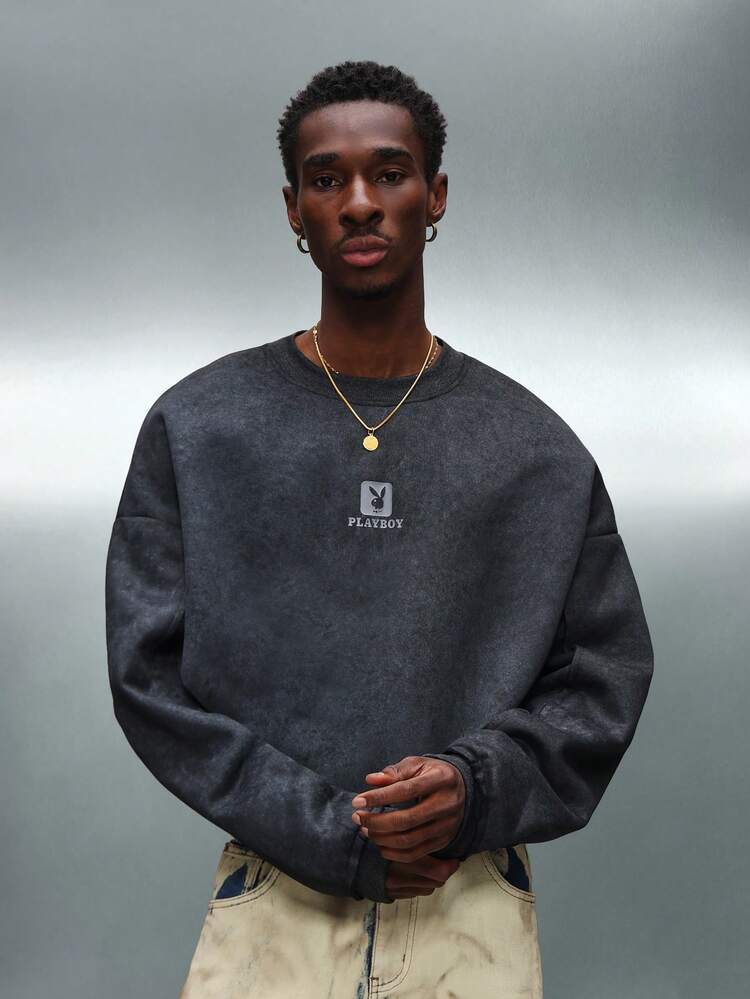 PLAYBOY X SUMWON Oversized Crop Sweatshirt With Raw Edges