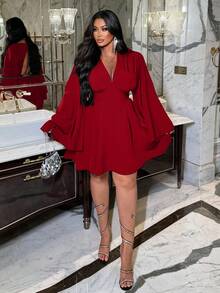 NU&NOW 大码女式 V 领露背金属链简约 A 字性感优雅通勤连衣裙，秋冬 - 紅色 - 查看 5