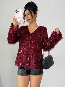 Rafferiza Uhlyne 女式亮片拼接人造毛皮夹克，时尚街头风格外套