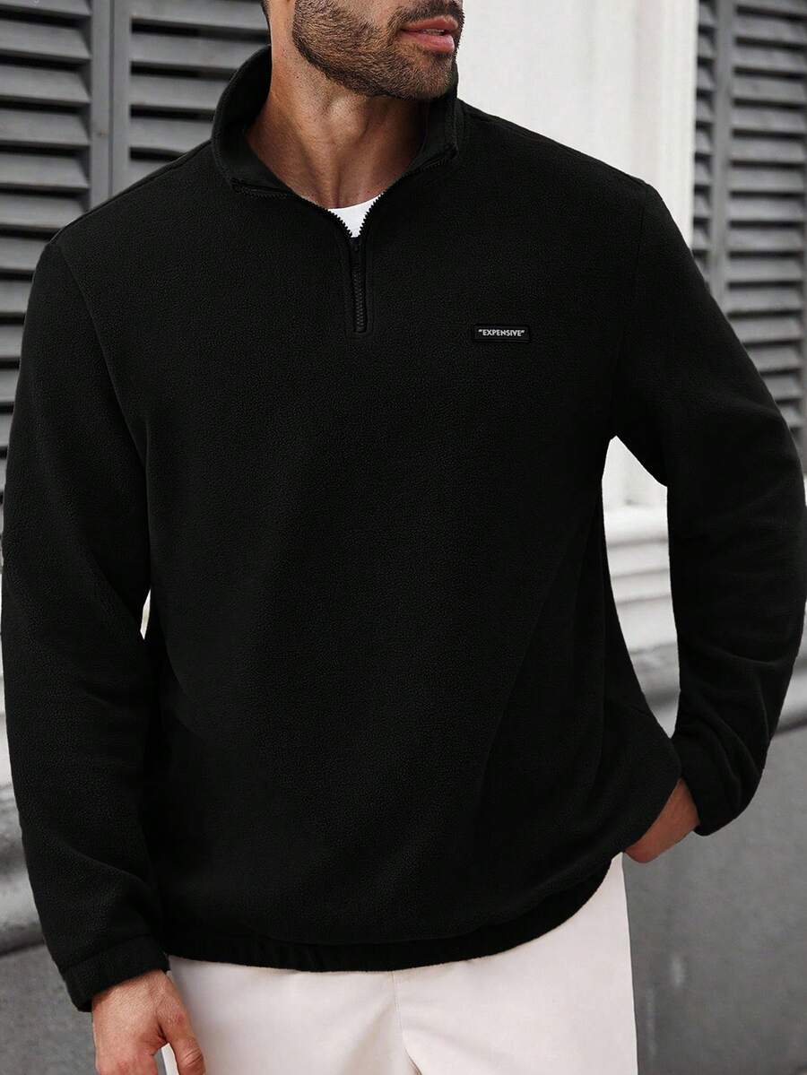 Manfinity CasualCool Autumn/Winter Fleece Stand Collar Half Zip Long Sleeve Loose Thickened Casual Sports Pullover Sweatshirt Men Solid Color Fitness Gym Training Knit Jacket - Black - View 1