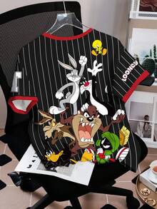LOONEY TUNES X SHEIN 女士休闲条纹、字母和卡通动物印花圆领短袖 Ringer T 恤，夏季 - 白色 - 查看 2
