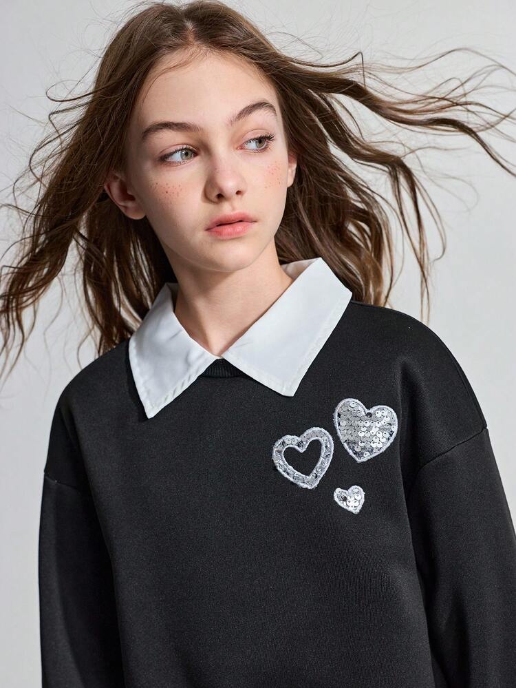 Tween Girls' Heart Sequin Graphic Loose Fit Crew Neck Sweatshirt
