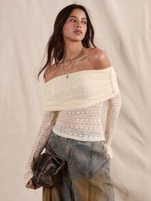 Easelle Vintage Boho Sexy Casual Off-Shoulder Fitted Sexy Elegant Flare Sleeve Women Top Lace Old Money - Apricot - View 3