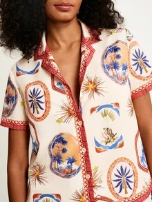 CAJUNI 女士休闲度假米色短袖印花衬衫 - 约会装 - 海滩 - 彩色 - 查看 6