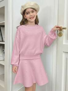 SHEIN Tween Girl Casual Pearl Beaded Loose Long Sleeve Turtleneck Sweater & Ruffle Hem Elegant A-Line Skirt Set, Pink - Pink - View 4